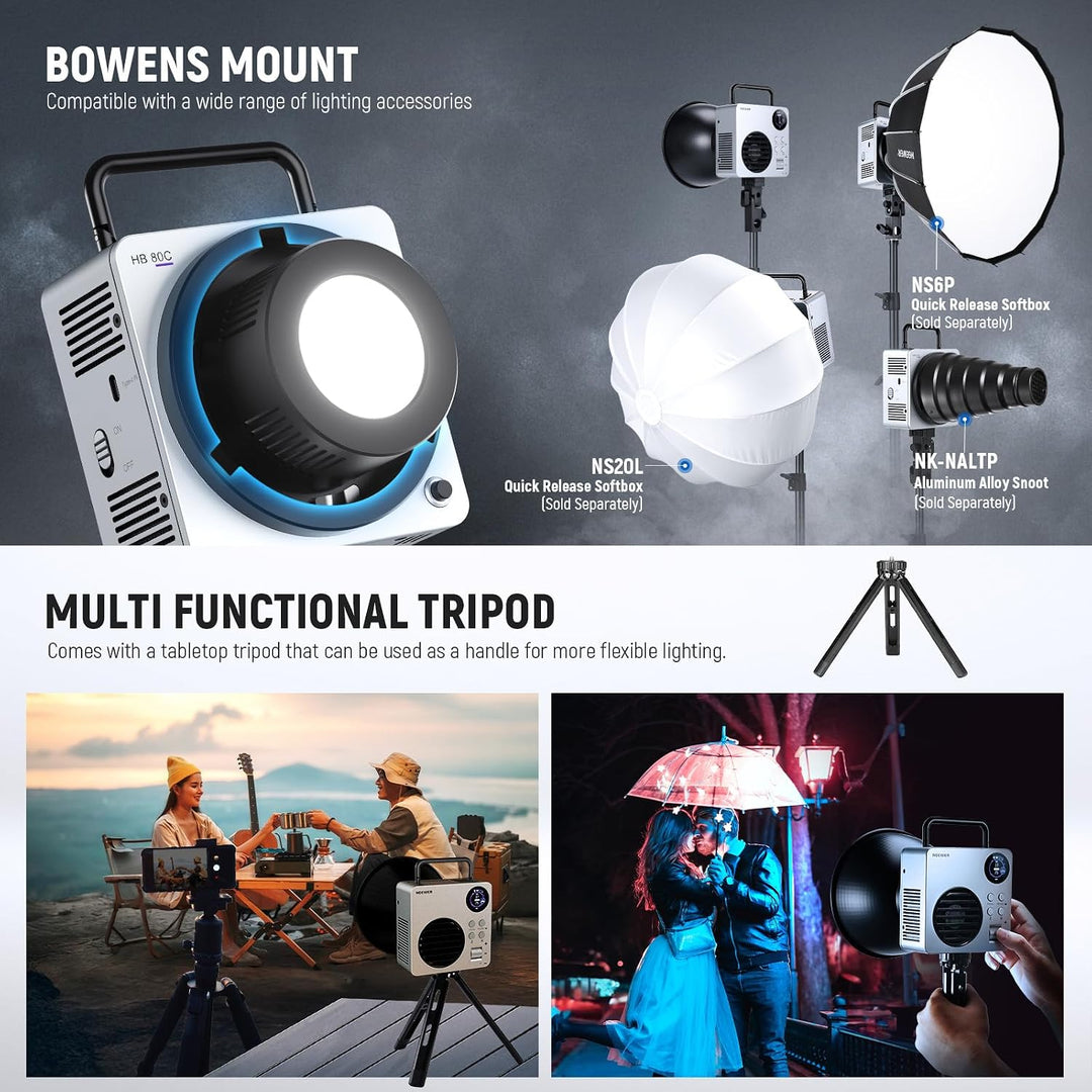 NEEWER 80W RGBWW LED Videoleuchte mit Reflektor und 72Wh Akku, APP/2,4G Steuerung 18 Effekte 10400lu