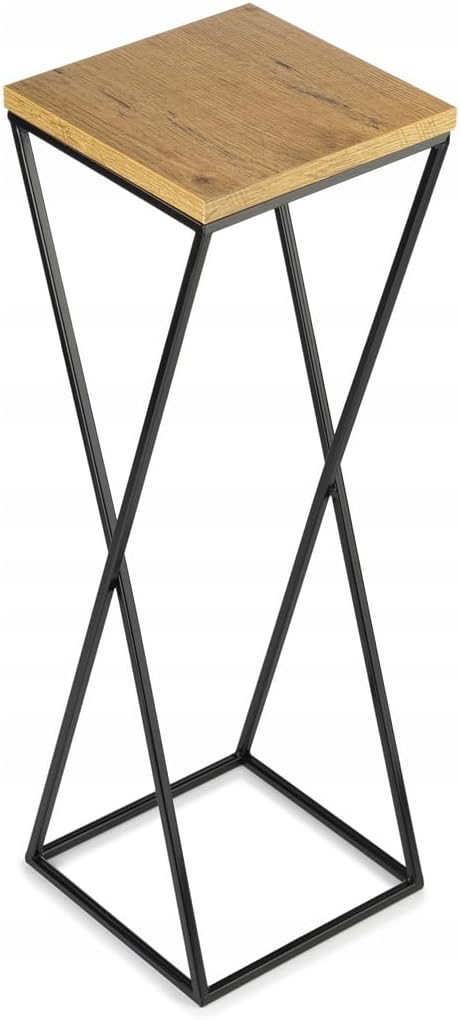 Pflanzenständer Metall 70 cm Hoch - Stabiler und Fester Blumenhocker mit Eiche Optik MDF-Platte auf