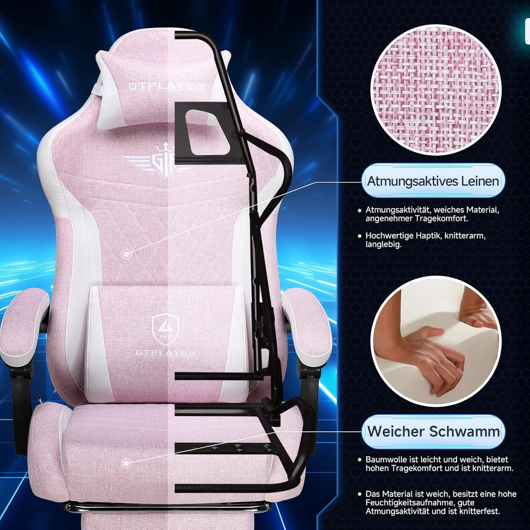 GTPLAYER Gaming Stuhl, Ergonomischer Gamer Stuhl aus Leinen mit Lendenwirbelstütze, PC-Stuhl mit ver