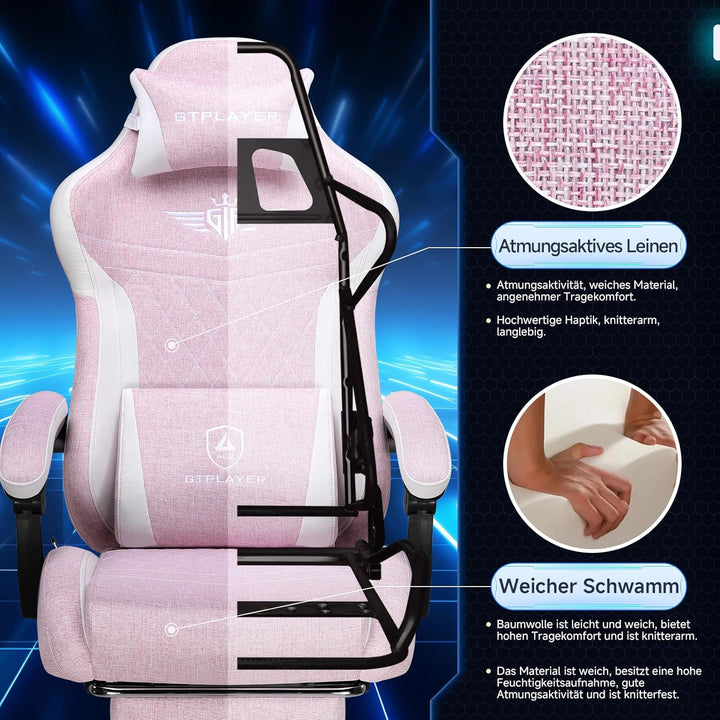 GTPLAYER Gaming Stuhl, Ergonomischer Gamer Stuhl aus Leinen mit Lendenwirbelstütze, PC-Stuhl mit ver