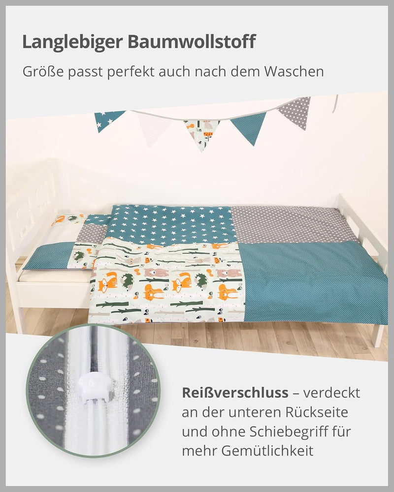 ULLENBOOM Kinderbettwäsche 100x135 cm - 100% OEKO-TEX Baumwolle - Waldtiere Petrol - Kinder Bettwäsc