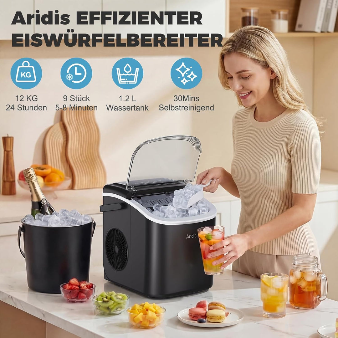 eiswürfelmaschine 9 Eiswürfel in 5-8 Min,12kg/24h Stunden,Selbstreinigende Kleine Eiswürfelmaschine