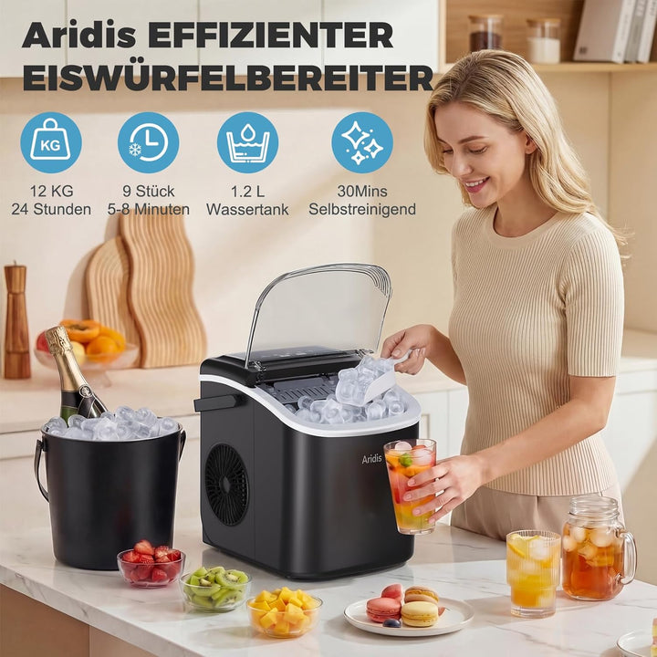 Eiswürfelmaschine Kleine 9 Eiswürfel in 6 Min,12kg/Tag - Selbstreinigende Eiswürfelmaschine, 2 Eiswü