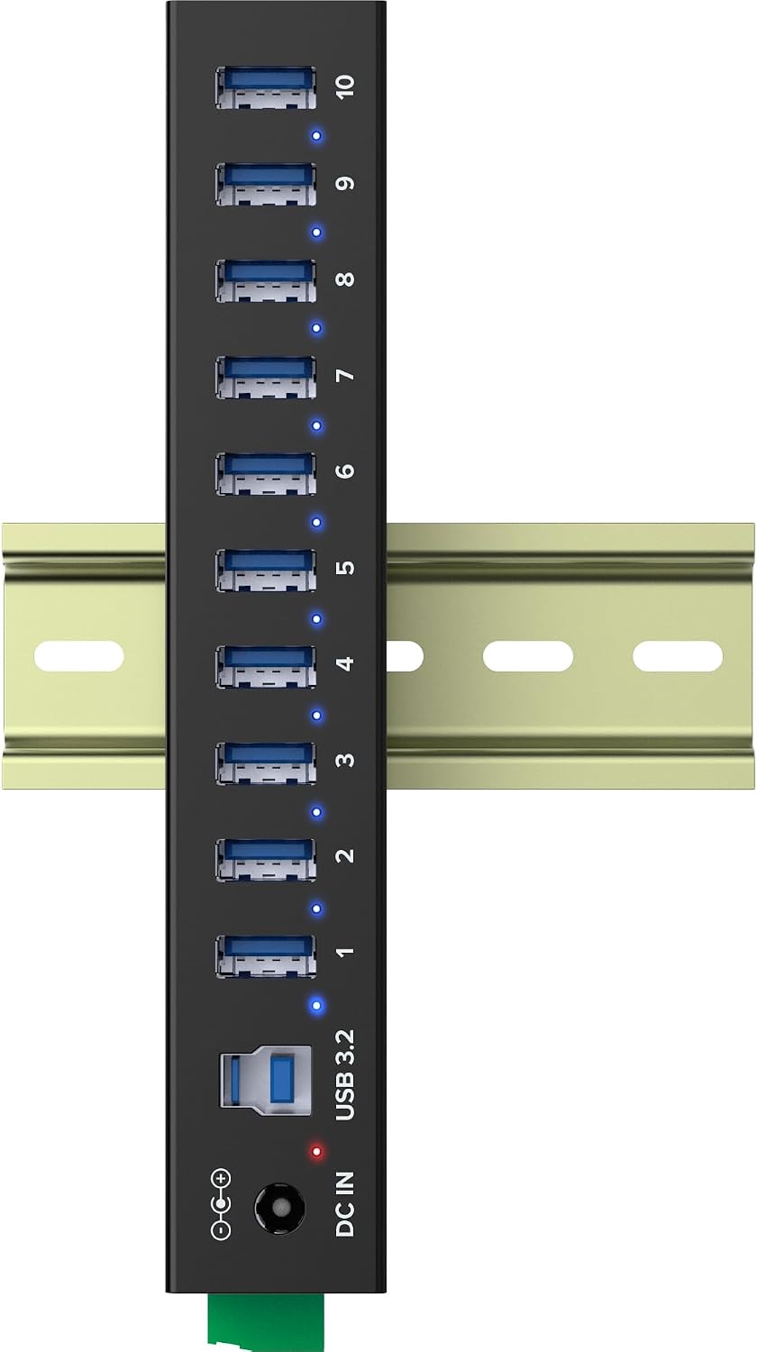 Inline USB 3.2 Gen.1 Industrie-Hub mit 10 Ports, Aluminiumgehäuse, DIN-Schienen-Montage, aktiver USB
