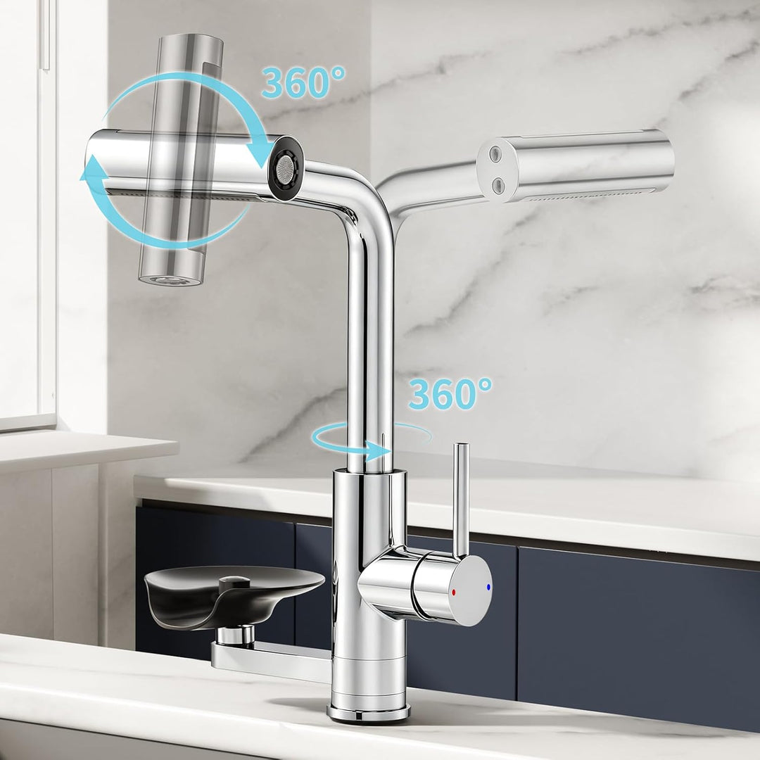 360° drehbarer Wasserhahn Küche ausziehbar mit Brause (Chrom) | wasserfall Mischbatterie Küche mit G