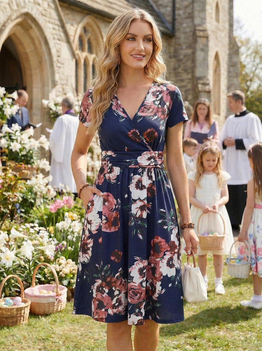 OUGES Kleid Damen Kurzarm/Langarm Sommer Herbstkleid V-Ausschnitt Casual Midi Freizeitkleid mit Tasc