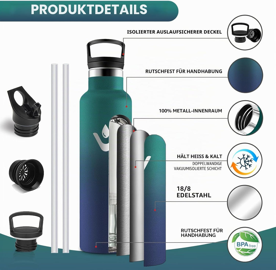 HoneyHolly Trinkflasche Edelstahl, 750 ML BPA-Frei, Thermosflasche, Auslaufsichere Isolierflasche Do
