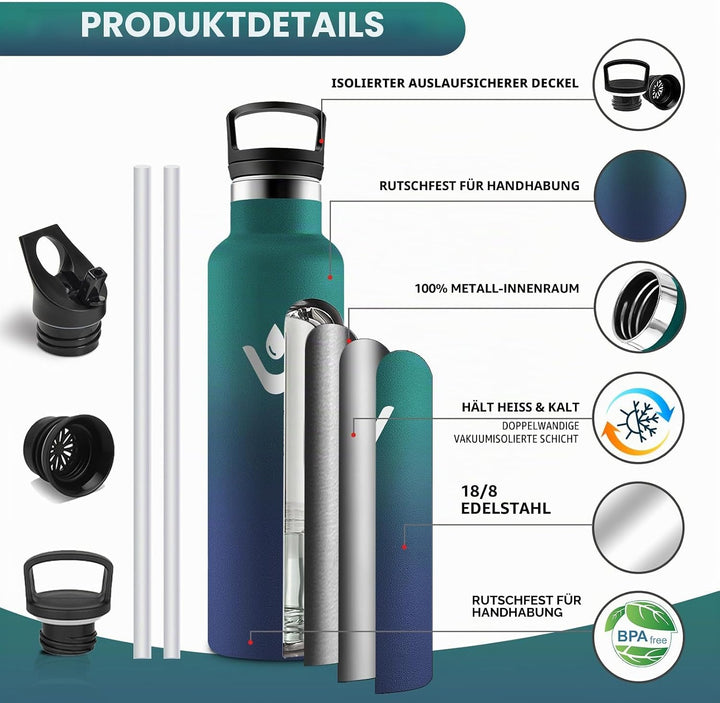 HoneyHolly Trinkflasche Edelstahl, 750 ML BPA-Frei, Thermosflasche, Auslaufsichere Isolierflasche Do
