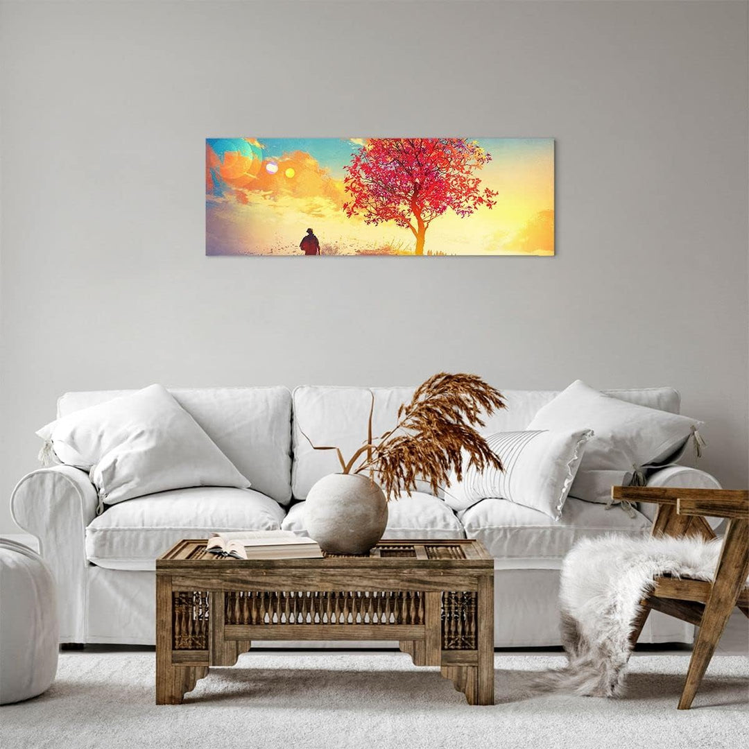 Panorama Bilder auf Leinwand Baum Wiese Feld Leinwandbild mit Rahmen 90x30cm Wandbilder Dekoration W