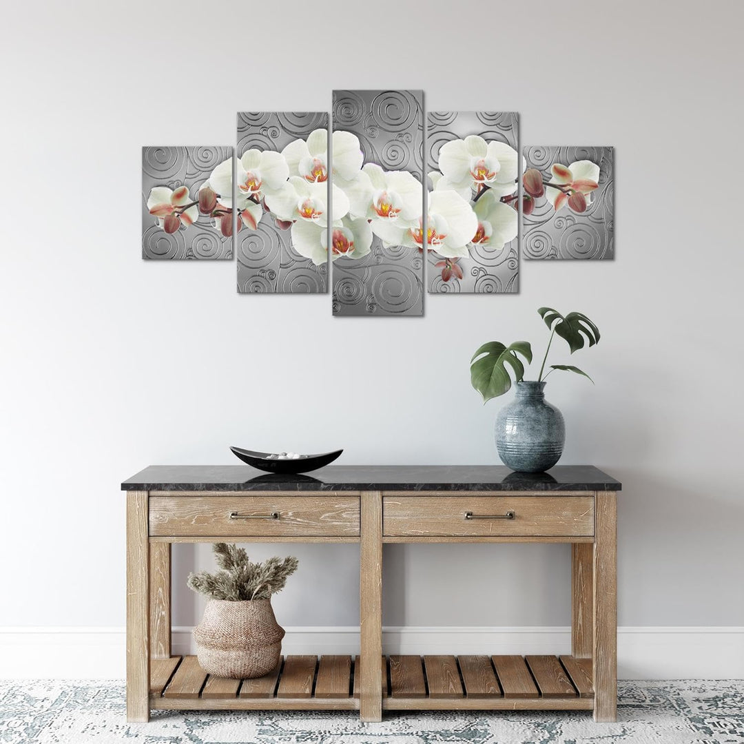 Runa Art Wandbilder Blumen Orchidee 5 Teilig Bild auf Vlies Leinwand Deko Wohnzimmer Abstrakt Grau W