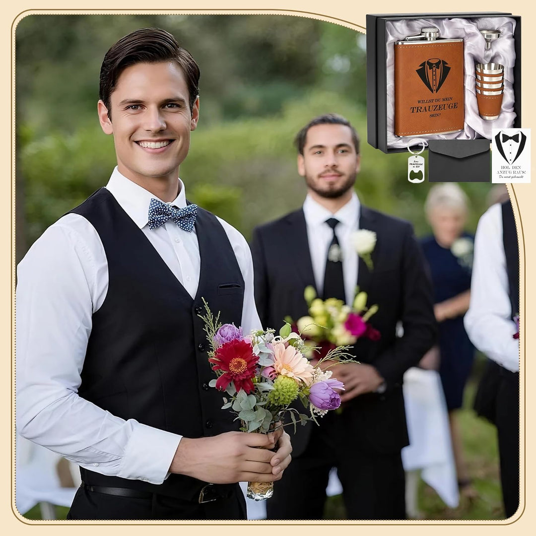 Flachmann mit Gravur 8oz Edelstahl Geschenkset für Trauzeuge und Trauzeugin, Schwarze Geschenkbox mi