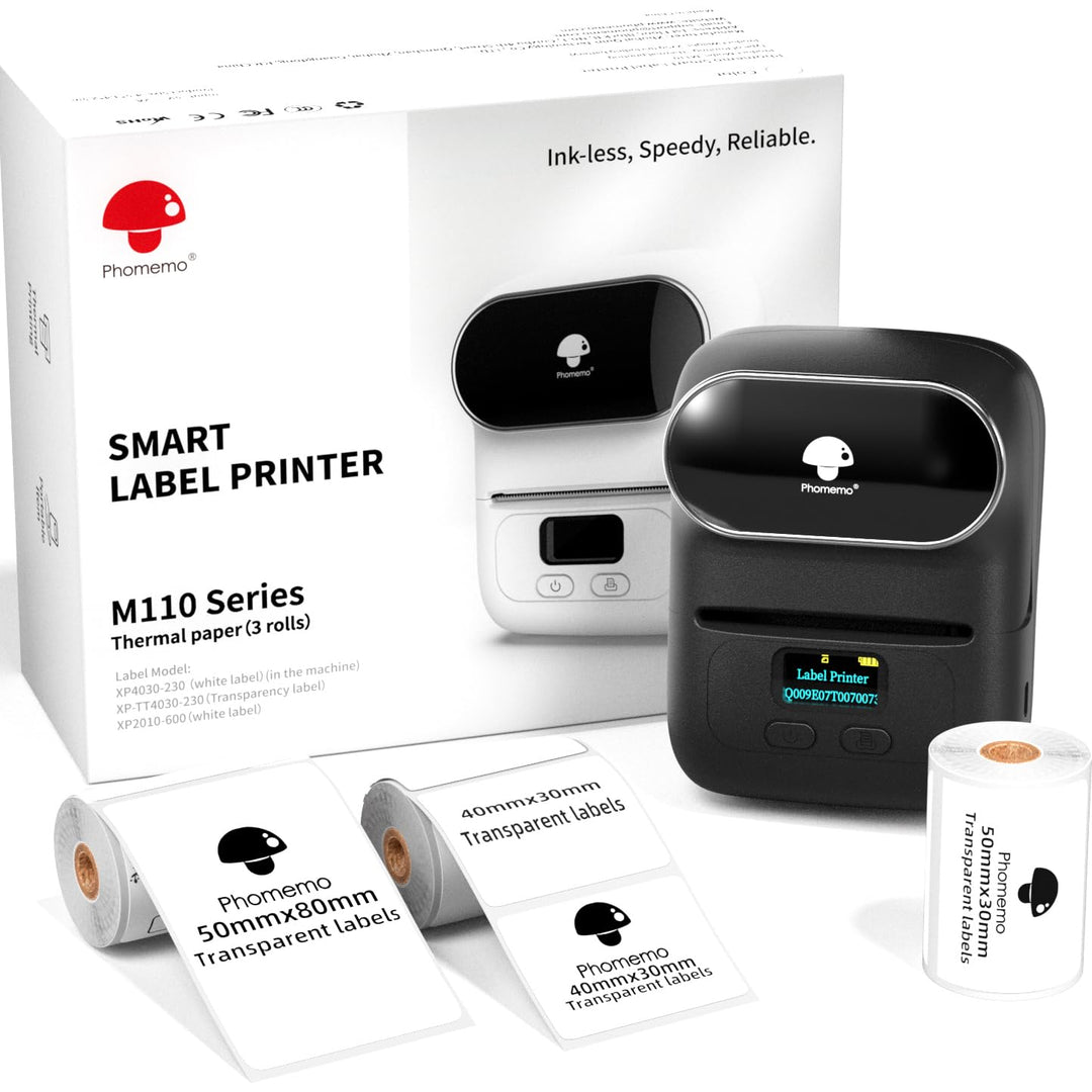 Phomemo M110 Etikettendrucker Selbstklebend mit 3 Etikettenrollen - Etikettiergerät Bluetooth Thermo