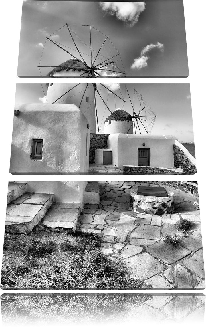 Pixxprint Windmühlen am Mittelmeer als Leinwandbild/Grösse: 3 Teilig (120x80) cm/Wandbild/Kunstdruck