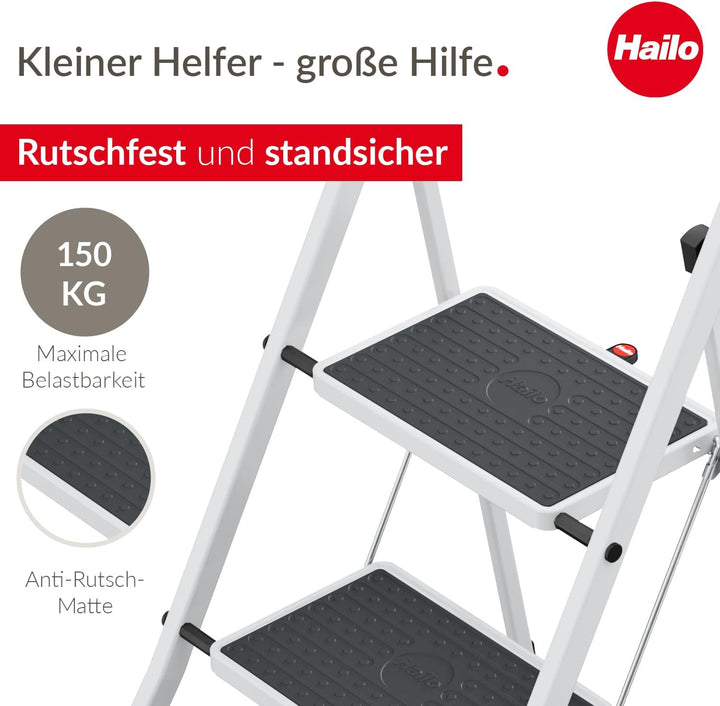 Hailo K75 ComfortLine Klapptritt - 2-stufige Trittleiter aus Stahl mit Sicherheitsbügel und Ablagesc