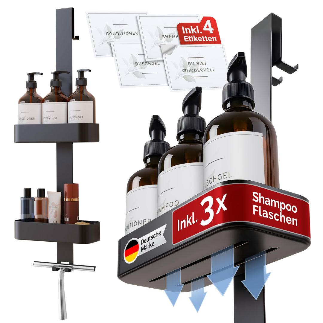 QOSI Duschablage zum Hängen als Set Inkl. 3x Shampoo Flaschen Seifenspender | Duschregal mit 2 Dusch