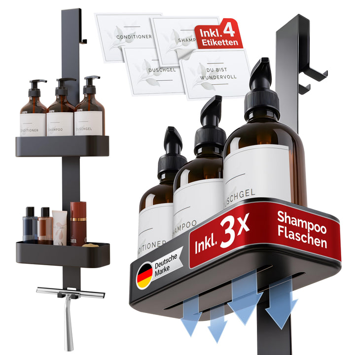 QOSI Duschablage zum Hängen als Set Inkl. 3x Shampoo Flaschen Seifenspender | Duschregal mit 2 Dusch