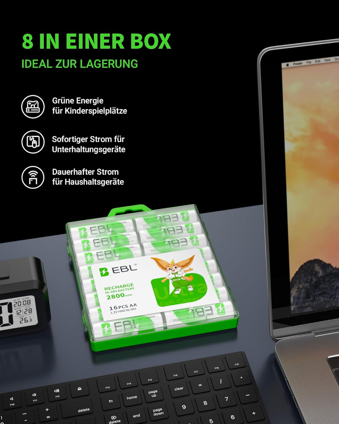 EBL Akku AA Mignon 2800mAh 16 Stück - wiederaufladbare Batterien AA, hohe Ladezyklen, geringe Selbst