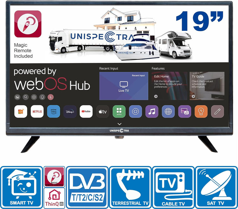 Unispectra® 19“ Smart TV (webOS) HDR 230V 24V Triple Tuner: Satellit, Antenne, Kabel TV, 3xHDMI, 2xU