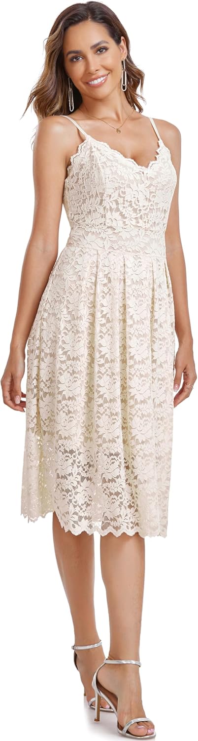 Atnlewhi Damen Vintage ärmellosen V-Ausschnitt A-Linie Kleid Blumen Knielang Spitzenkleid Brautjungf