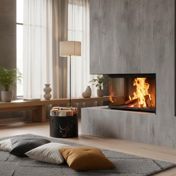 Kapaga – Kaminholzkorb 38 x 28 cm – Metall Schwarz pulverbeschichtet – Holzträger mit Hirschmuster –