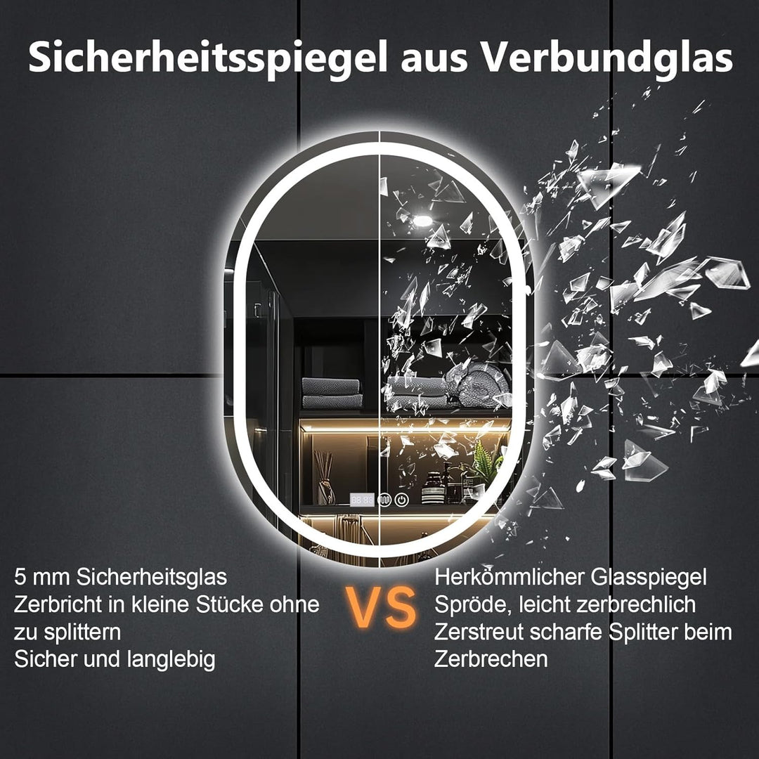 Badspiegel Mit Beleuchtung, 60x80 cm Oval Spiegel mit Beleuchtung, Badspiegel mit Uhr und Touch-Scha