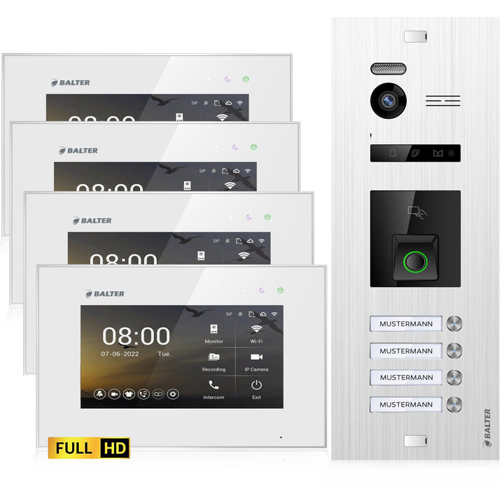 Balter EVO-HD Video Türsprechanlage mit Fingerprint, Video Türklingel, 4 Familienhaus, 3X 7 Zoll Mon