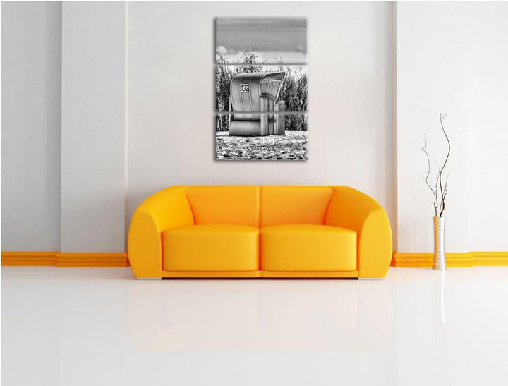 Pixxprint Monocrome, gelber Strandkorb 3-Teiler Leinwandbild 120x80 Bild auf Leinwand