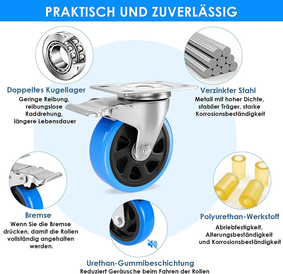 4PCS Lenkrollen 75mm inkl. Montagezubehör Transportrollen Schwerlastrollen mit Bremsem 360° Drehung