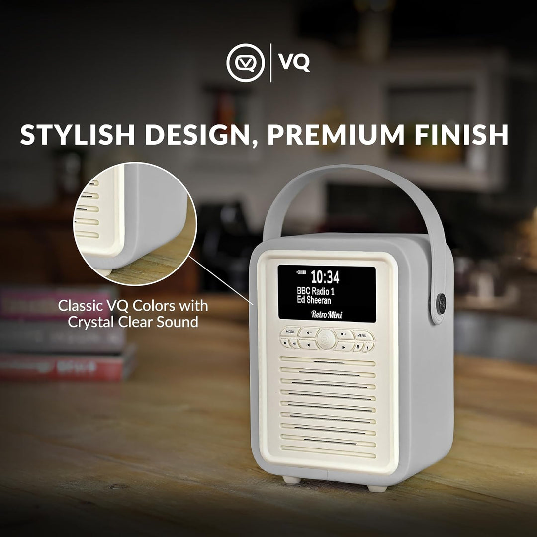VQ Retro Mini DAB/DAB+ Digital- und FM-Radio mit Bluetooth und Weckfunktion - Hellgrau