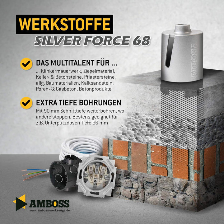 Diamant Dosensenker Ø 68 mm / M16 / Seitenschlitz / 90mm Nutzlänge - Amboss Silver Force Premium für