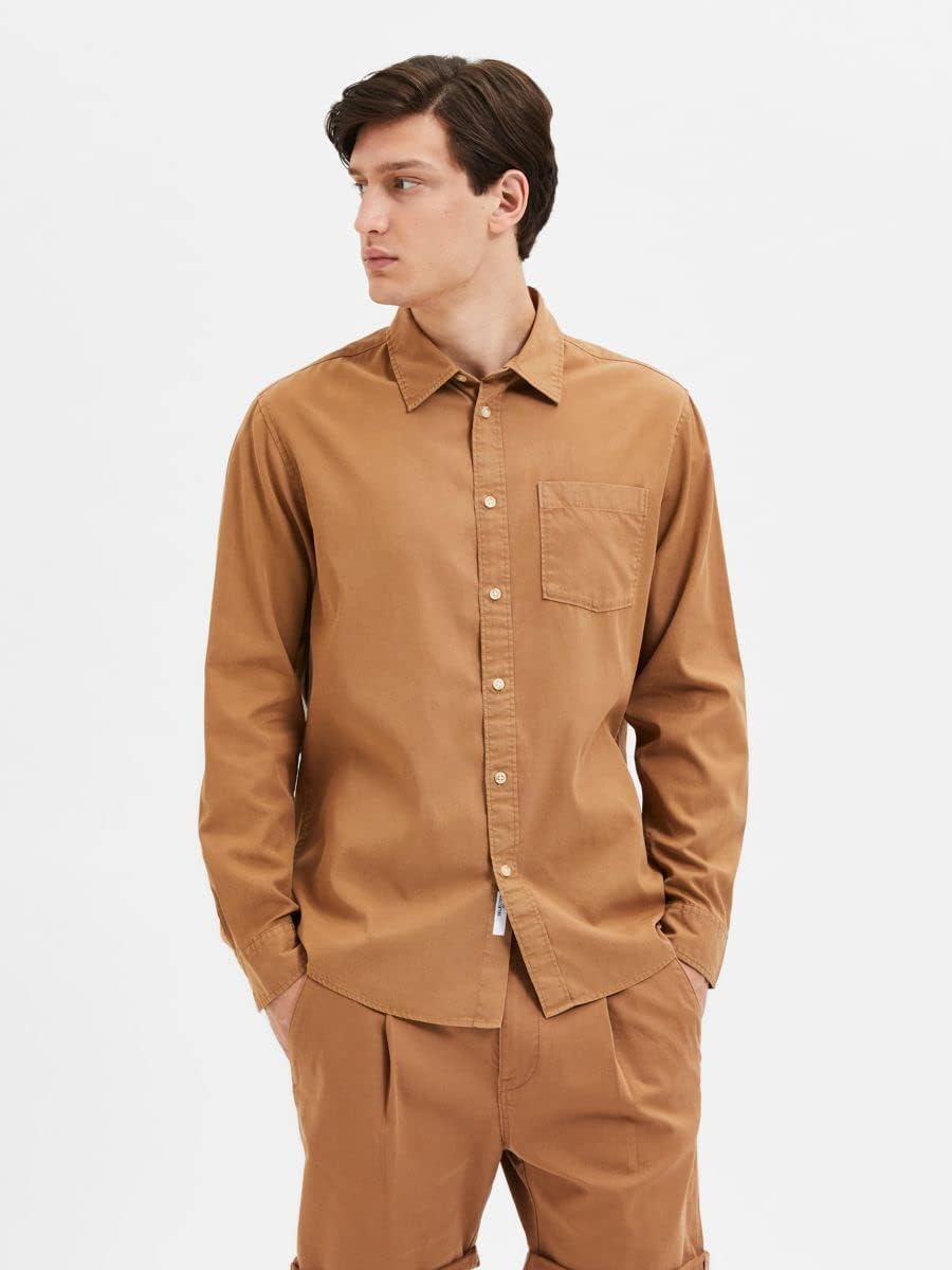 SELETED HOMME Herren Slhregpastel-Linen Shirt Ls W Noos Hemd, M Toasted Coconut