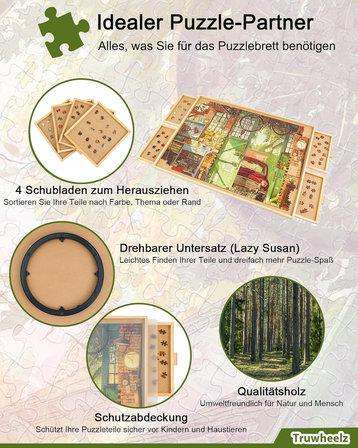2000-Teile-Drehbares Puzzlebrett mit Schubladen und Abdeckung, 72,4 x 102 cm Tragbarer Holz-Puzzleti