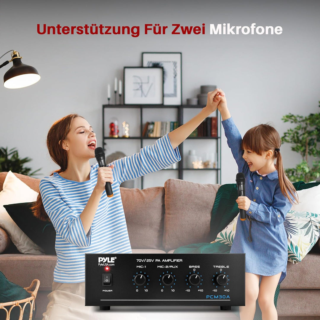 Pyle PA-Verstärker – 60W Bluetooth Amp mit 25/70V-Ausgang & 2 Mikrofoneingängen | Mit Bass-/Höhenreg