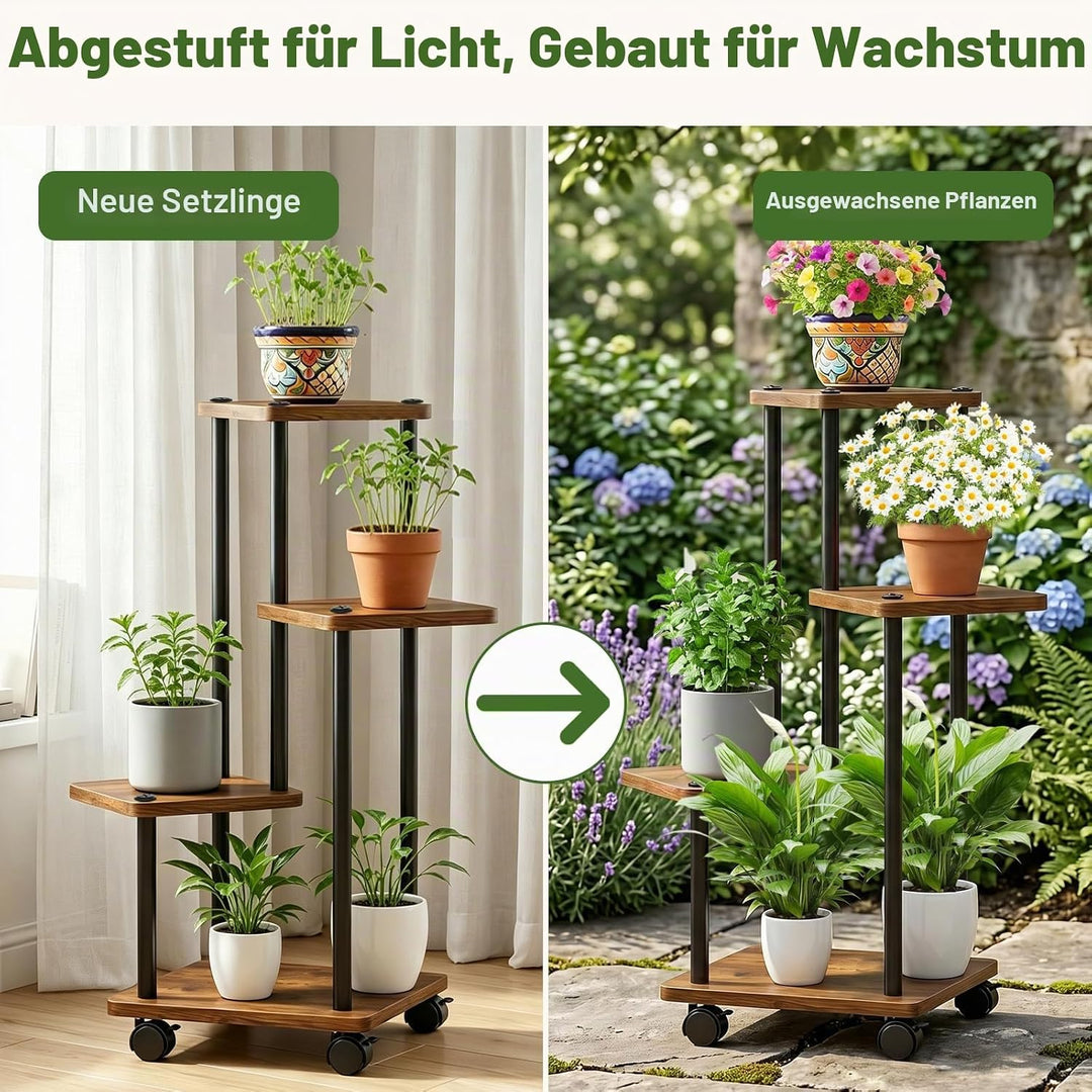 Blumenständer mit Rollen, 4 Etagen Pflanzenständer aus Metall und Holz, Platzsparend Indoor Pflanzen