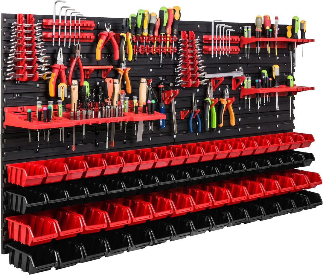 Lagersystem Werkstattregal | 156 x 78 cm | 68 stck. Box | Wandregal mit Werkzeughalterungen und Stap