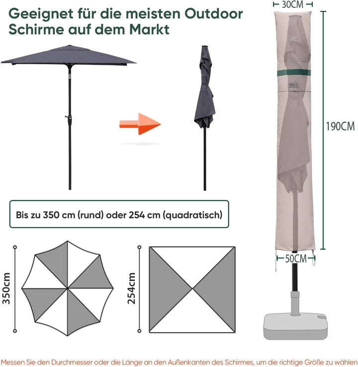 Sekey Sonnenschirm Schutzhülle mit Stab, Abdeckhauben für 350cm / 200x300cm Gartenschirm mit Belüftu