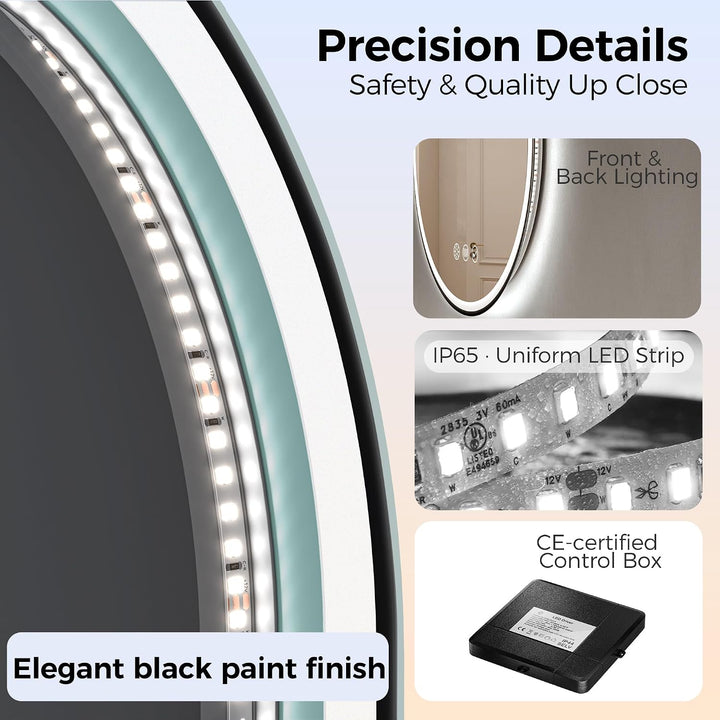 STARLEAD Schwarz Oval-LED-Badspiegel-mit-Beleuchtung 100x60cm, Bluetooth, Dimmbar, 3 Lichtfarben, En