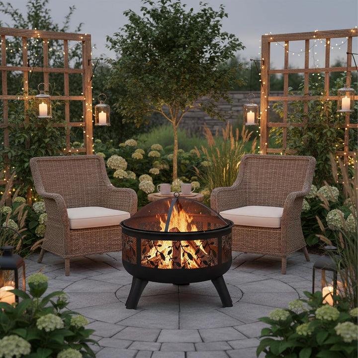 Relaxdays Feuerschale mit Funkenschutz, Garten & Terrasse, mit Schürhaken, Outdoor Feuerkorb, HxD: 6
