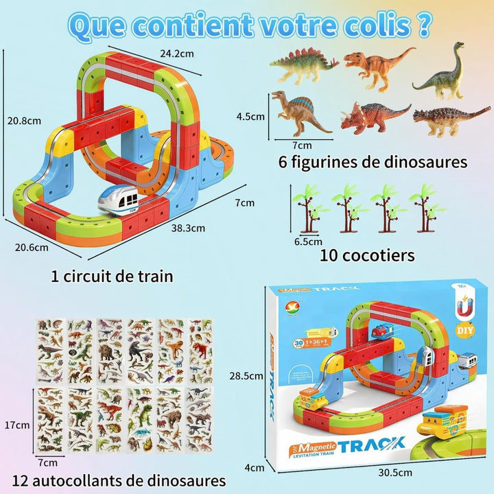 Clickrail Electric Train Set Flexible Race Track, Block Zug mit Dinosaurierspielzeug/Kokospalme/Aufk
