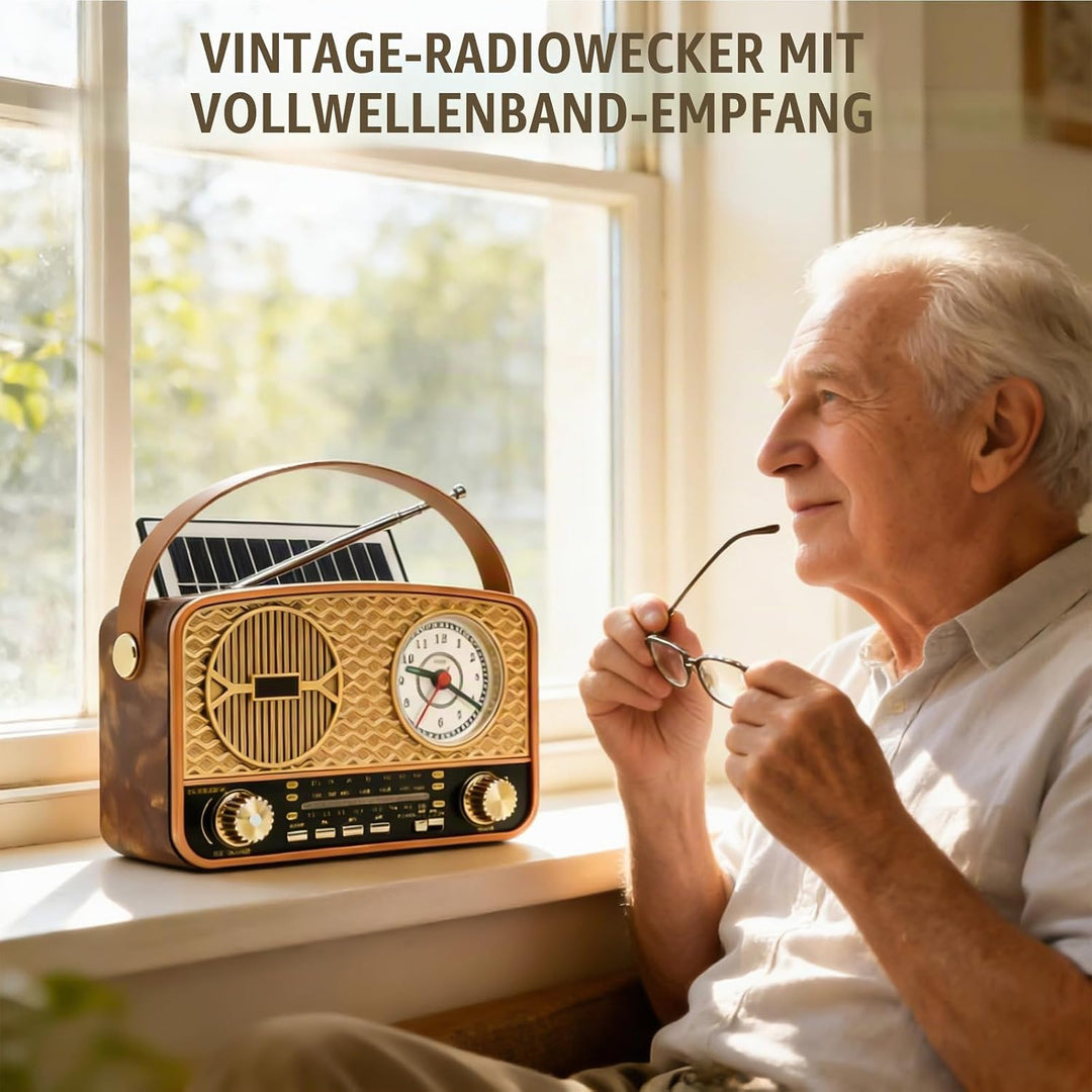 Solar Retro Radio AM/FM/SW, Retro Radio Mit Bluetooth, Vintage Kofferradio Mit Stromkabel, Wiederauf