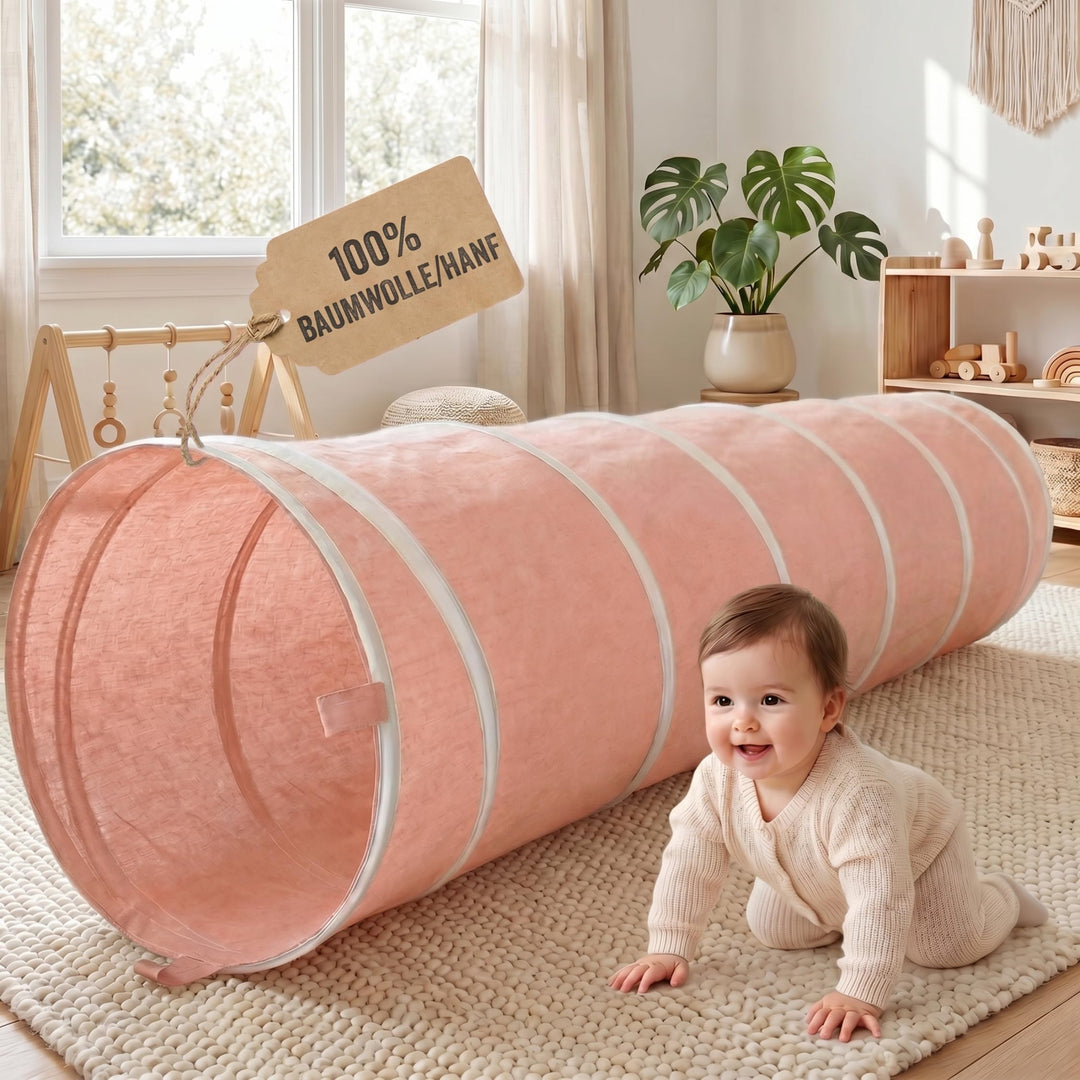 Spieltunnel für Kinder aus Baumwolle/Hanf mit Klettverschlüssen [180cm x 46cm] Krabbeltunnel für Bab