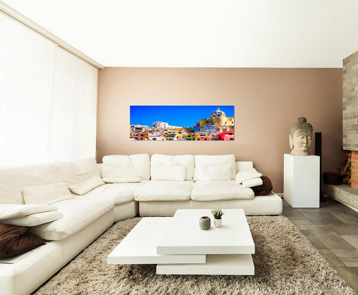 Paul Sinus Art Panoramabild auf Leinwand und Keilrahmen 150x50cm Italien Neapel Häuser Wasser Boote