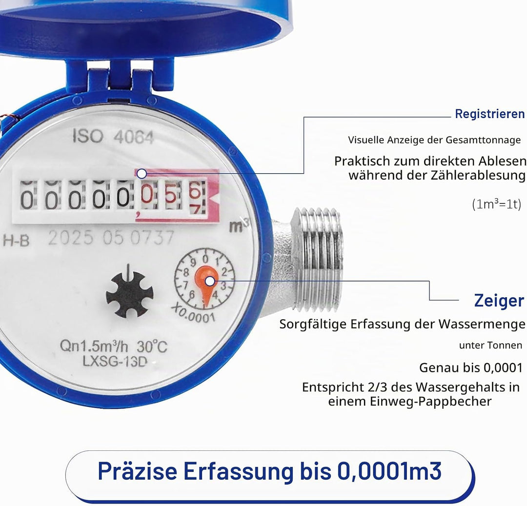 Wasserzähler Garten 1/2 Zoll – Digitaler Kaltwasserzähler mit Zeiger und Digitalanzeige, Kupfer, Was