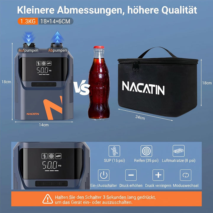 NACATIN 50PSI Elektrische SUP Pumpe, Wiederaufladbare Paddle Board Pumpe mit 5200mAh Akku &amp; 12V Auto