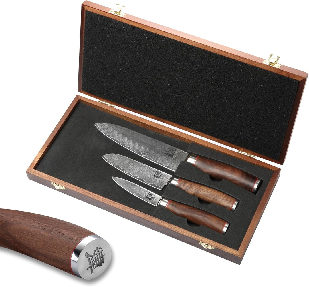 zayiko Kurumi 3er Damastmesser Set mit Klingen von 9,50 cm - 17,50 cm I aus 67 Lagen | Damast Küchen