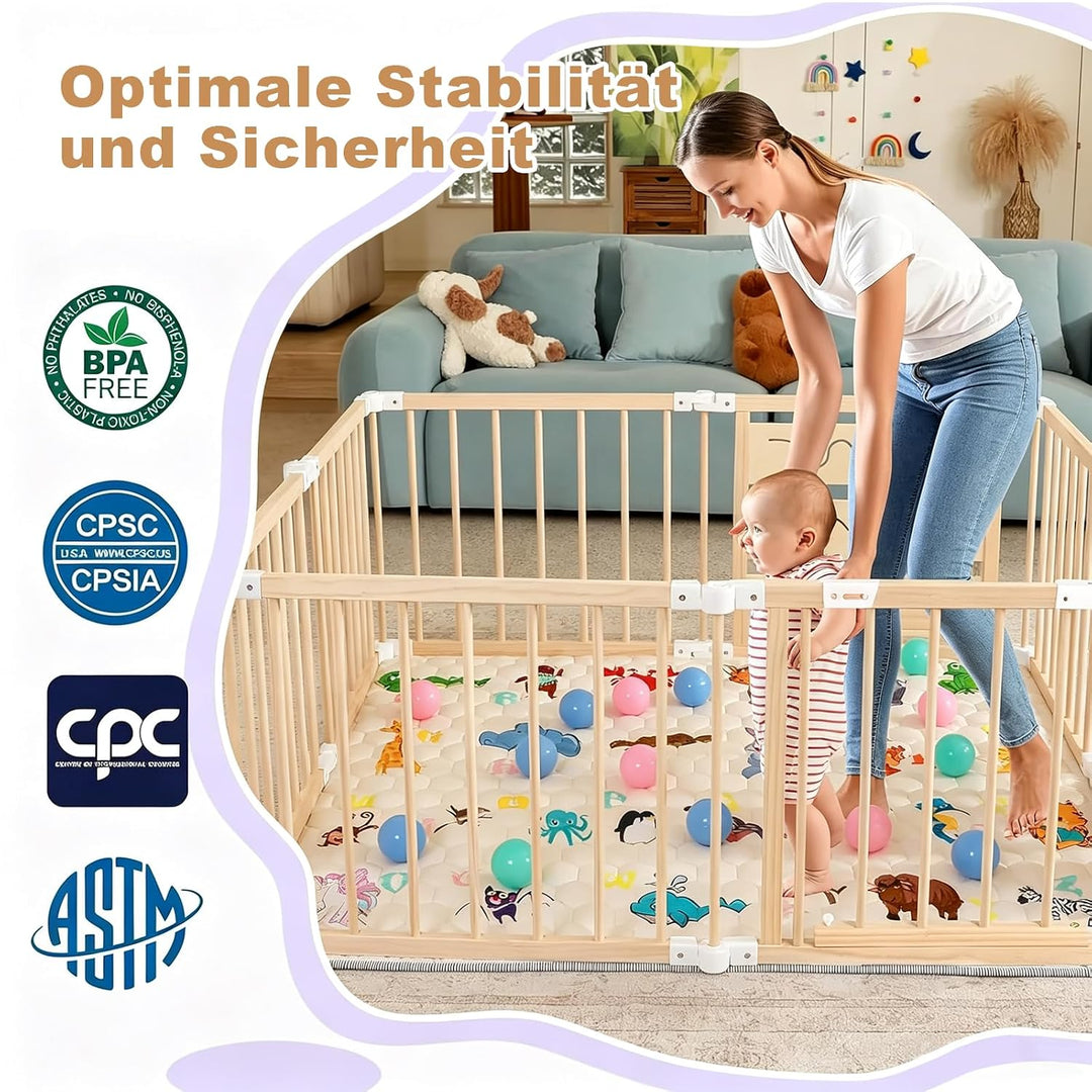 Laufstall Baby Holz, Faltbares XL Laufgitter mit Matratze &amp; 50 Bällen, Verstellbare Gross &amp; Form, Mo