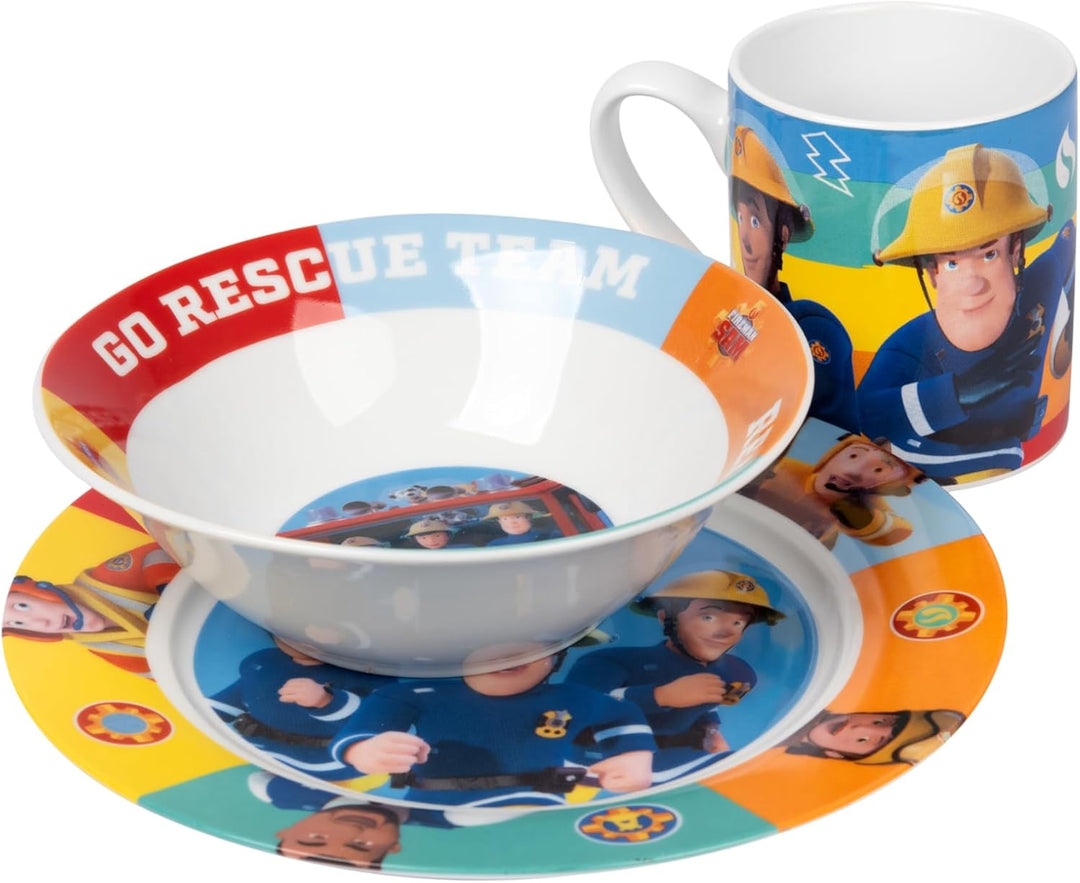 Feuerwehrmann Sam Frühstücksset für Kinder - Geschirr Set 3-teilig Teller, Schale & Tasse aus Porzel