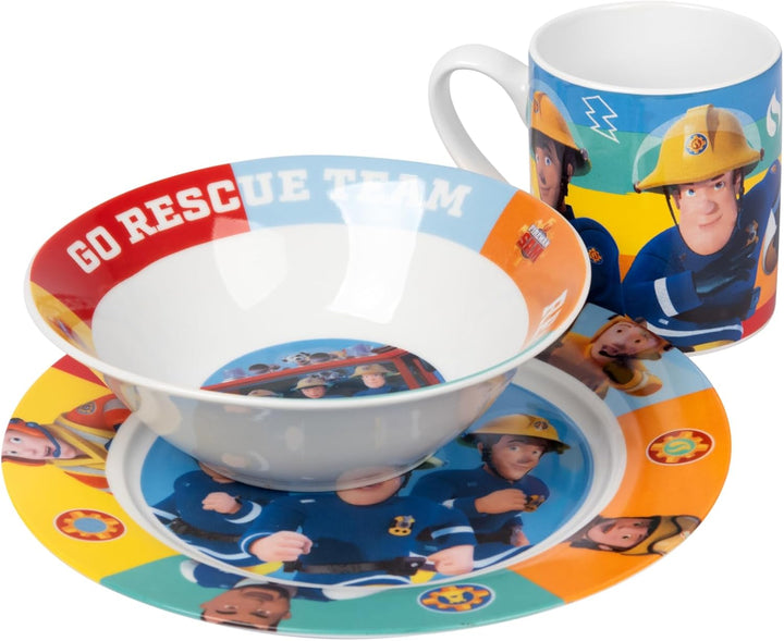 Feuerwehrmann Sam Frühstücksset für Kinder - Geschirr Set 3-teilig Teller, Schale & Tasse aus Porzel