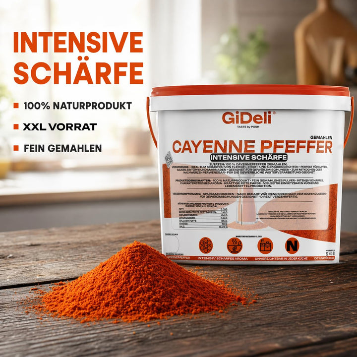 GiDeli Cayenne Pfeffer 10kg im Eimer - Fein Gemahlenes Chilipulver für Fleisch, Fisch, Suppen und So