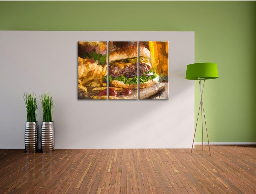 Pixxprint Saftiger Chili Cheese Burger Pinsel Effekt 3-Teiler Leinwandbild 120x80 Bild auf Leinwand